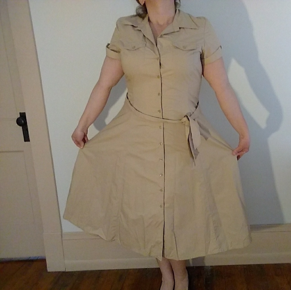 Cotton Tan Midi A-Line Dress